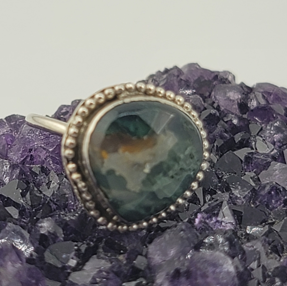 GREEN MOSS AGATE RING HANDMADE IN STERLING SILVER METAL SIZE 8